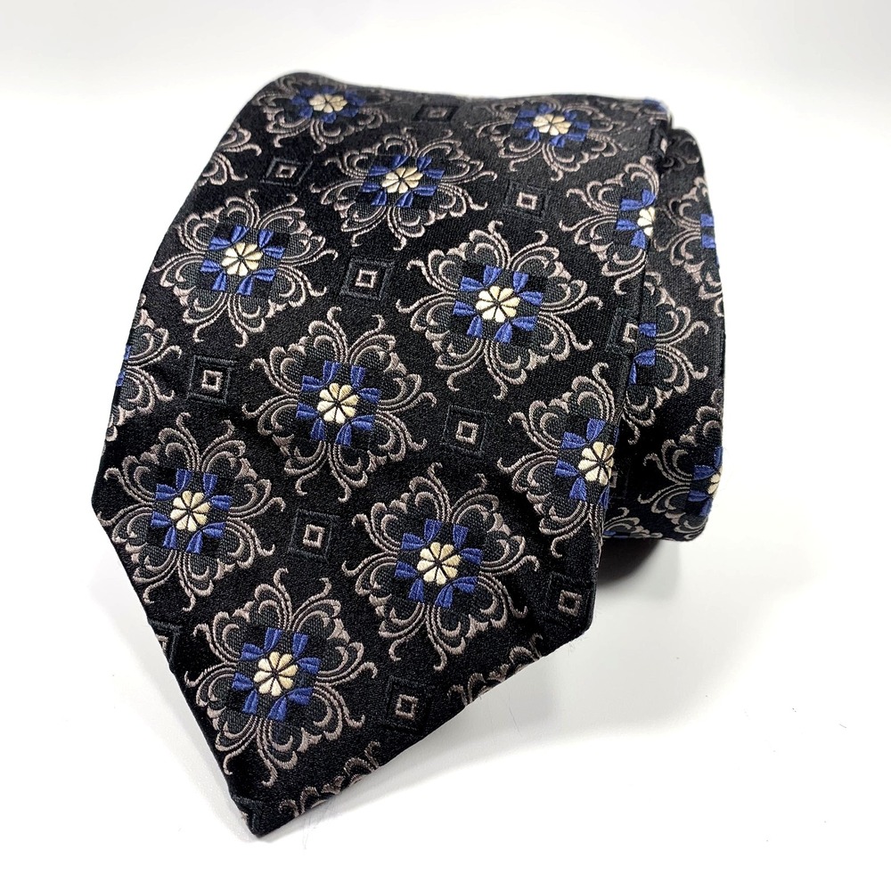 John W Nordstrom Mens Tie Black w/ Silver & Blue Geometric Design 100% Silk USA